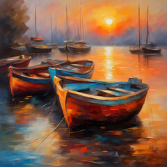 Oil painting of a beautiful sunset and boats. Modern impressionism