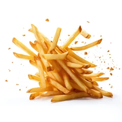 Poster Falling french fries or potato chips isolated on white background. © Shanorsila