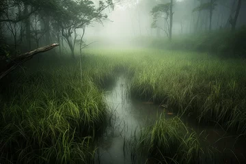 Foto op Plexiglas Eerie wetland veiled in misty, deep green surroundings. Generative AI © Ava