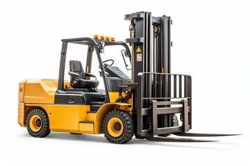 Fototapeta na wymiar Forklift with cargo and container stacker isolated. Generative AI