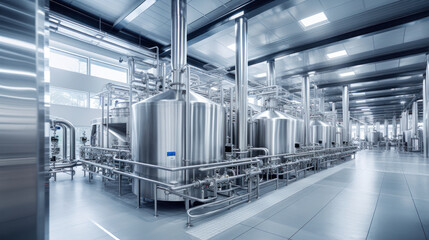 Equipment dairy plant, milk factory industry. Stainless steel storage and processing tanks.