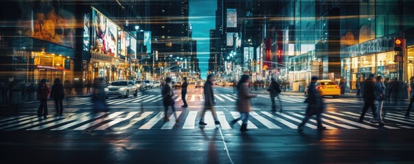 People crossing a city street at night, motion blur - obrazy, fototapety, plakaty