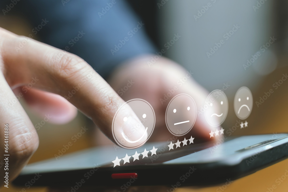 Poster experience of customer and user give rating on online service on application smartphone, satisfactio