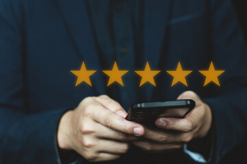 Experience of Customer and User give rating on online service on application smartphone, Satisfaction feedback and review give best quality good product survey ranking in top online business. Testimon - obrazy, fototapety, plakaty