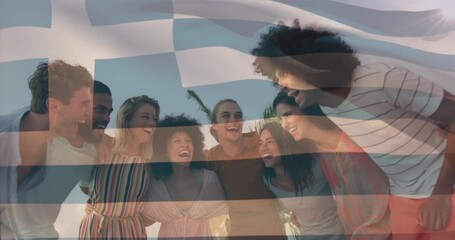 Animation of flag of greece, low angle view of diverse laughing friends forming human chain at beach - Powered by Adobe