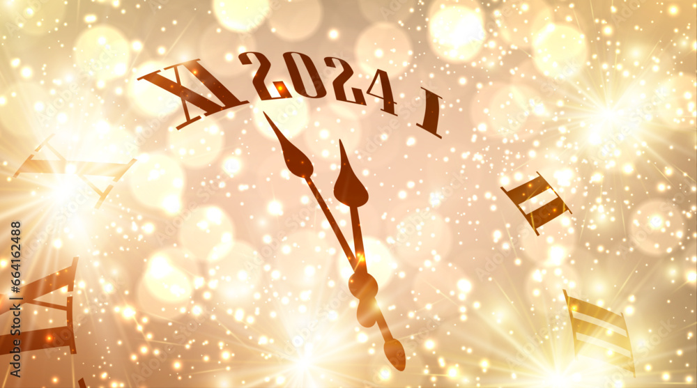 Poster new year 2024 countdown clock over golden background with fireworks and defocused lights.