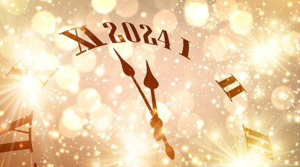 New Year 2024 countdown clock over golden background with fireworks and defocused lights. - obrazy, fototapety, plakaty