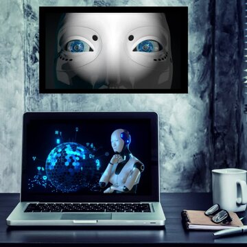 Despacho cibern&eacute;tico. Laptop mostrando un robot con inteligencia artificial interactuando con la red global de datos. Cuadro con rostro de humanoide moviendo los ojos. Escritorio con caf&eacute;, lentes, etc