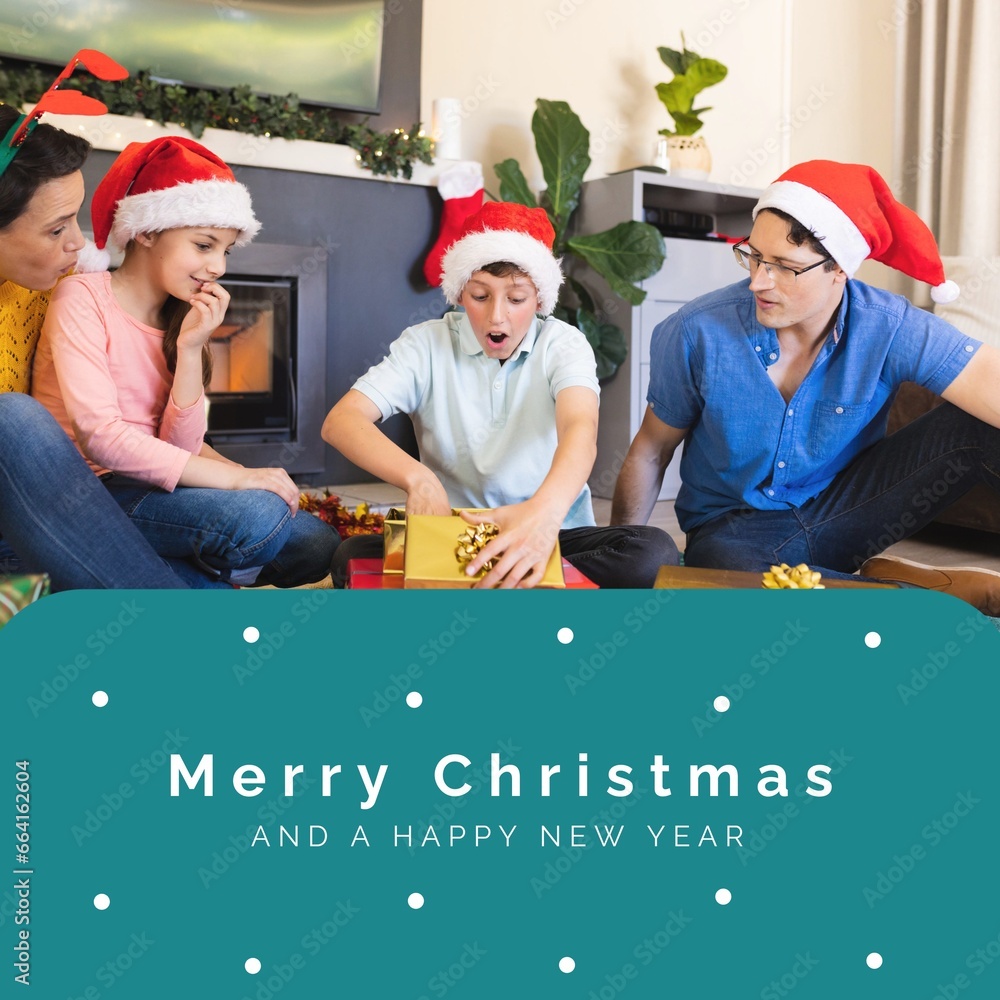 Sticker Caucasian family opening christmas presents at home and merry christmas and a happy new year