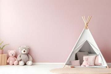 A empty mockup on baby pink wall background with white lines, in minimalist children room interior.