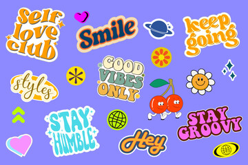 Cool trendy retro stickers with smile faces, cartoon comic label patches. Funky, hipster retrowave stickers in geometric shapes. Vector illustration of y2k , 90s graphic design