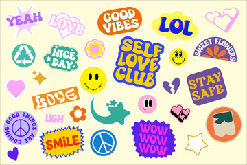Cool trendy retro stickers with smile faces, cartoon comic label patches. Funky, hipster retrowave stickers in geometric shapes. Vector illustration of y2k , 90s graphic design