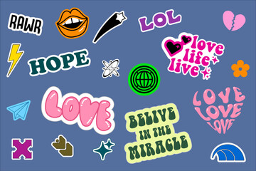 Fototapeta premium Cool trendy retro stickers with smile faces, cartoon comic label patches. Funky, hipster retrowave stickers in geometric shapes. Vector illustration of y2k , 90s graphic design