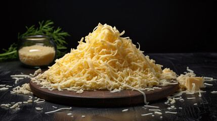 Grated cheese over a dark background. - obrazy, fototapety, plakaty