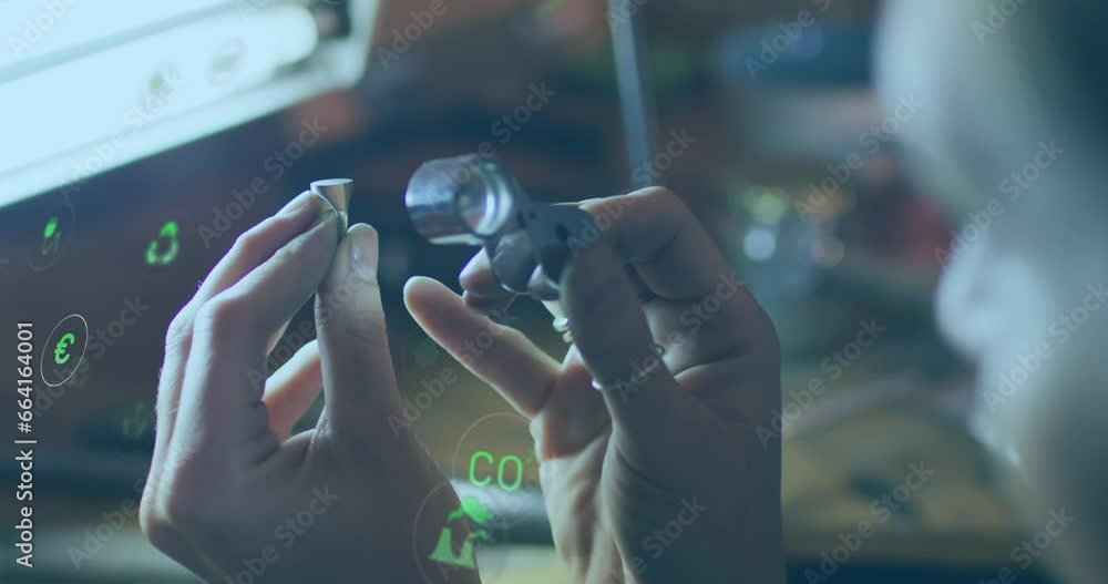 Poster animation of icon in circles, close up of caucasian jeweler using magnifying tool to look at ring