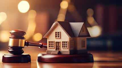 Concept of real estate auction, legal system and property division after divorce. Gavel and house model on a wooden background. - obrazy, fototapety, plakaty