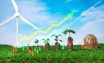 Growing coin or money stack with ESG business investment on alternative renewable energy with...