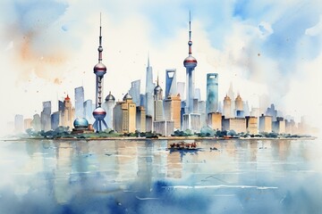Watercolor depiction of Shanghai skyline. Generative AI