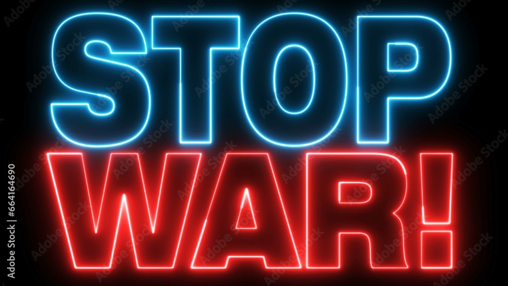 Poster stop war text font with light. luminous and shimmering haze inside the letters of the text stop war.
