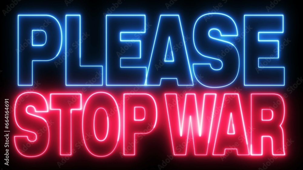 Poster please stop war text font with light. luminous and shimmering haze inside the letters of the text pl