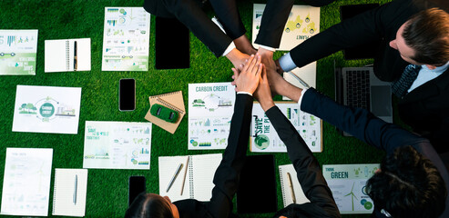 Business synergy in panoramic top view banner of business people holding hand together as team building for eco regulation for environmental protection to contribute sustainable future. Quaint - obrazy, fototapety, plakaty