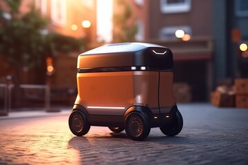 The future of automated delivery. Delivery technologies. Modern self-driving robots in the city. Autonomous robots.
