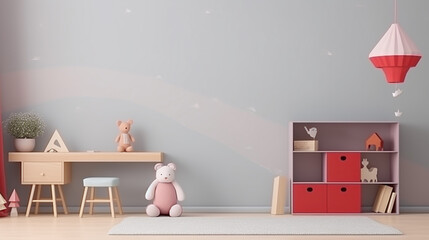 Pastel color children's playroom decoration with toys and furniture.