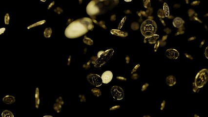 Many Bitcoins falling against a black background