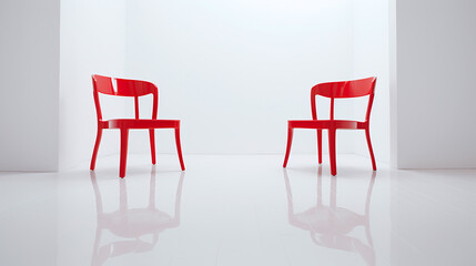 Red chairs against a white wall. Copy space.