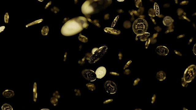 Many Bitcoins falling against a black background