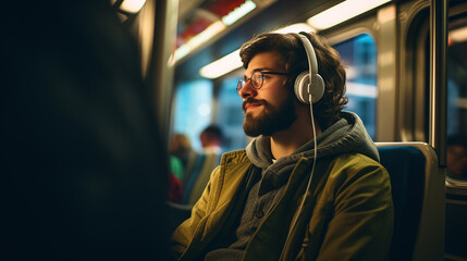 Potrait of young man listening to music inside a train. - obrazy, fototapety, plakaty