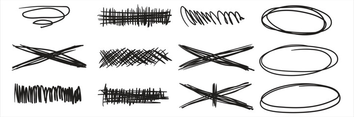 Hand drawn sketch doodle arrows, checkmarks, signs, icons, lines, brush strokes, brackets, speech bubbles, handwritten design elements set isolated on white background