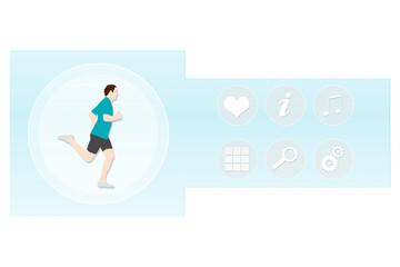 Digital png illustration of circle with running man with icons on transparent background