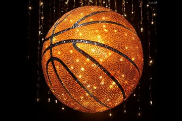 large sparkling sequined basketball hanging, dazzling disco ball, captivating display, expressive statement, created using technology. Generative AI