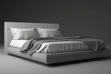 Contemporary bed with gray leather frame, double platform design, linen, and pillows. Rendered in 3D. Generative AI