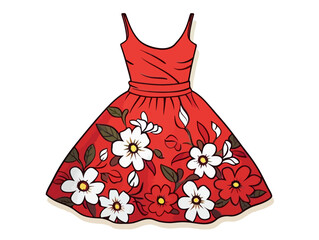 Doodle Red Dress with Floral Print, cartoon sticker, sketch, vector, Illustration, minimalistic