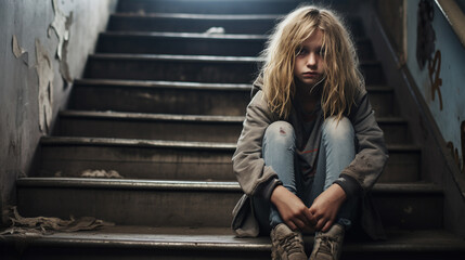 Unhappy teenage girl sitting alone.Stressed, sad and unhappy child. - obrazy, fototapety, plakaty