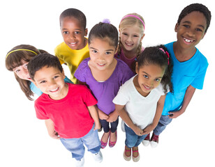 Digital png photo of view from above of happy diverse children standing on transparent background