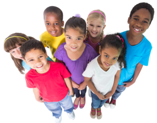 Digital png photo of view from above of happy diverse children standing on transparent background