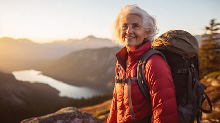 Naklejka premium Potrait of senior female hiker standing outdoor.