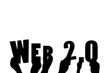 Digital png illustration of hands and web 2,0 text on transparent background