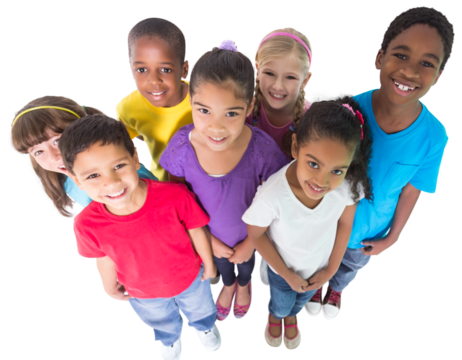 Digital png photo of view from above of happy diverse children standing on transparent background