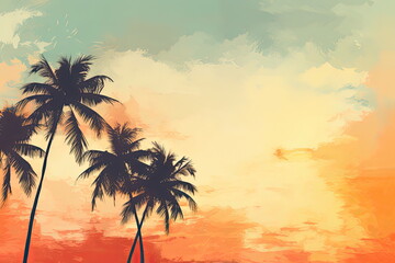 Fototapeta na wymiar Coconut Palm Tropical Trees Background in Yellow Orange Sunset Colors - Vintage Style Tropical Beach and Summer Background, High Angle Shot of Exotic Paradise with Palm Tree Silhouettes Illustration