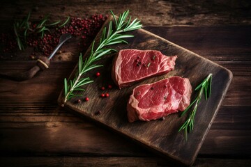 vibrant pink beef slices paired with fresh rosemary on rustic wooden surface. Generative AI