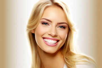 Portrait beautiful model woman with white teeth smile, Concept of advertising dentist and facial care. Generative AI