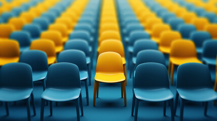 row of yellow and blue chairs.