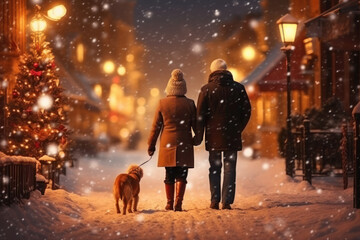 An elderly couple, accompanied by their dog, strolls through the beautifully illuminated, snowy streets of the winter city during the New Year holiday season