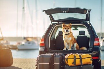 holiday vacation dog, travel with pet concept