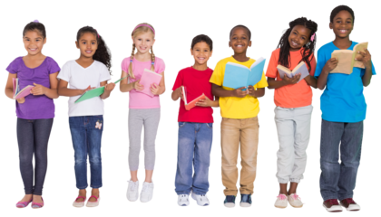 Digital png photo of back of happy diverse schoolchildren with books on transparent background
