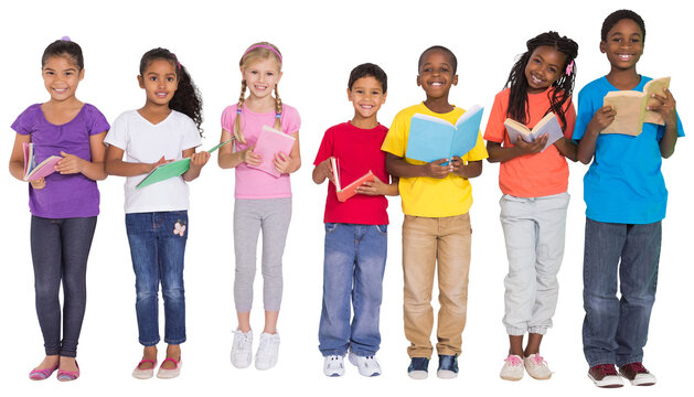 Digital png photo of back of happy diverse schoolchildren with books on transparent background